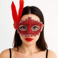Nessiworld  Kırmızı Renk Tüylü Dantelli Gözleri Taşlı Balo Parti Maskesi