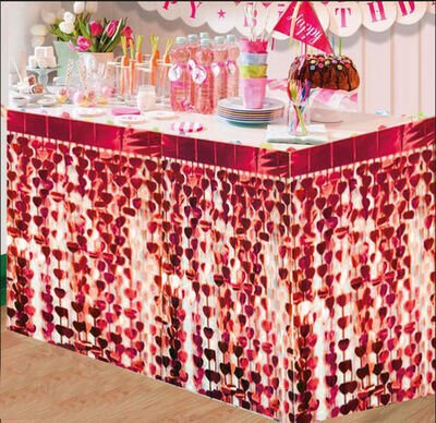 NessiWorld Püsküllü Işıltılı Metalize Kırmızı Kalpli Masa Eteği 75x360 cm