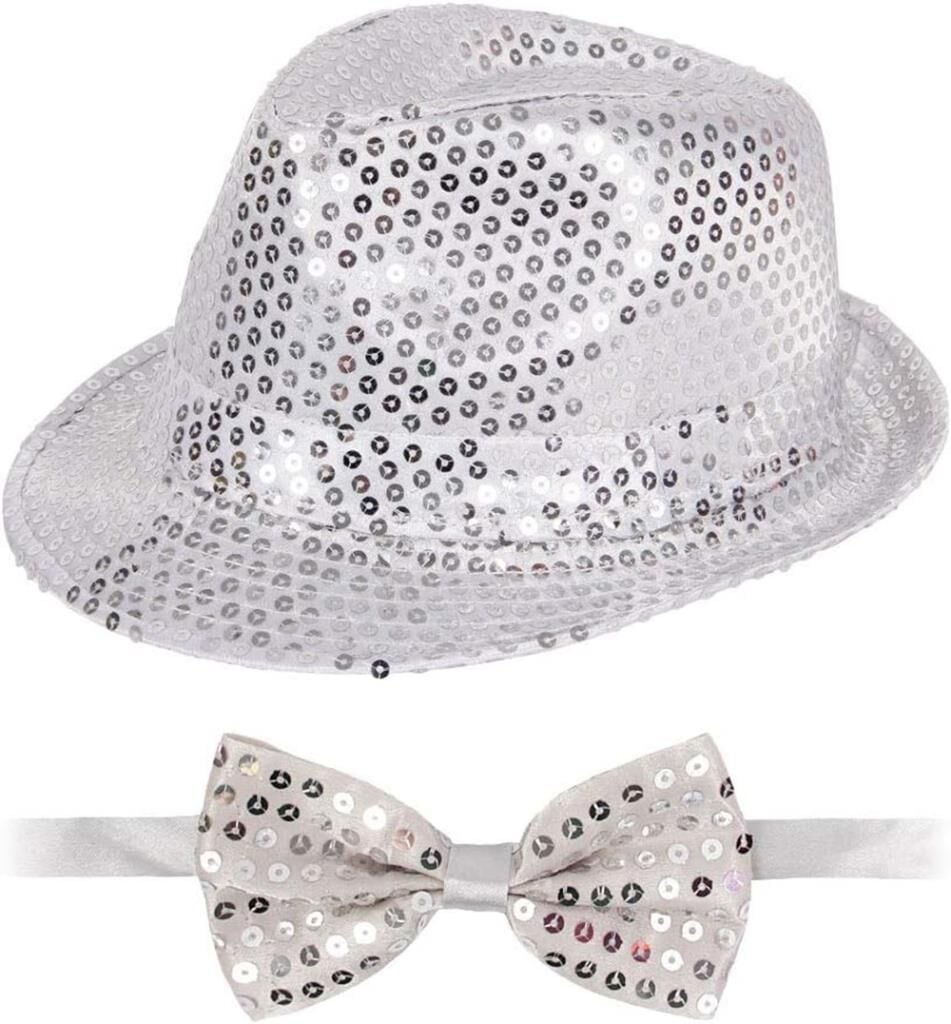 Nessiworld  Gümüş Payetli Şapka ve Papyon Seti – Parıltılı Yetişkin Kostüm Seti