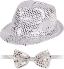 Nessiworld  Gümüş Payetli Şapka ve Papyon Seti – Parıltılı Yetişkin Kostüm Seti