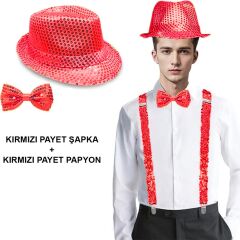 Nessiworld  Kırmızı Payetli Şapka ve Papyon Seti – Parıltılı Yetişkin Kostüm Seti