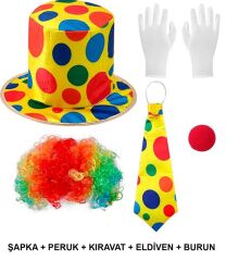 Nessiworld  Renkli Palyaço Kostüm Seti – 5 Parça Aksesuar (Şapka, Peruk, Kravat, Eldiven, Burun)