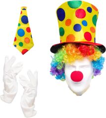 Nessiworld  Renkli Palyaço Kostüm Seti – 5 Parça Aksesuar (Şapka, Peruk, Kravat, Eldiven, Burun)