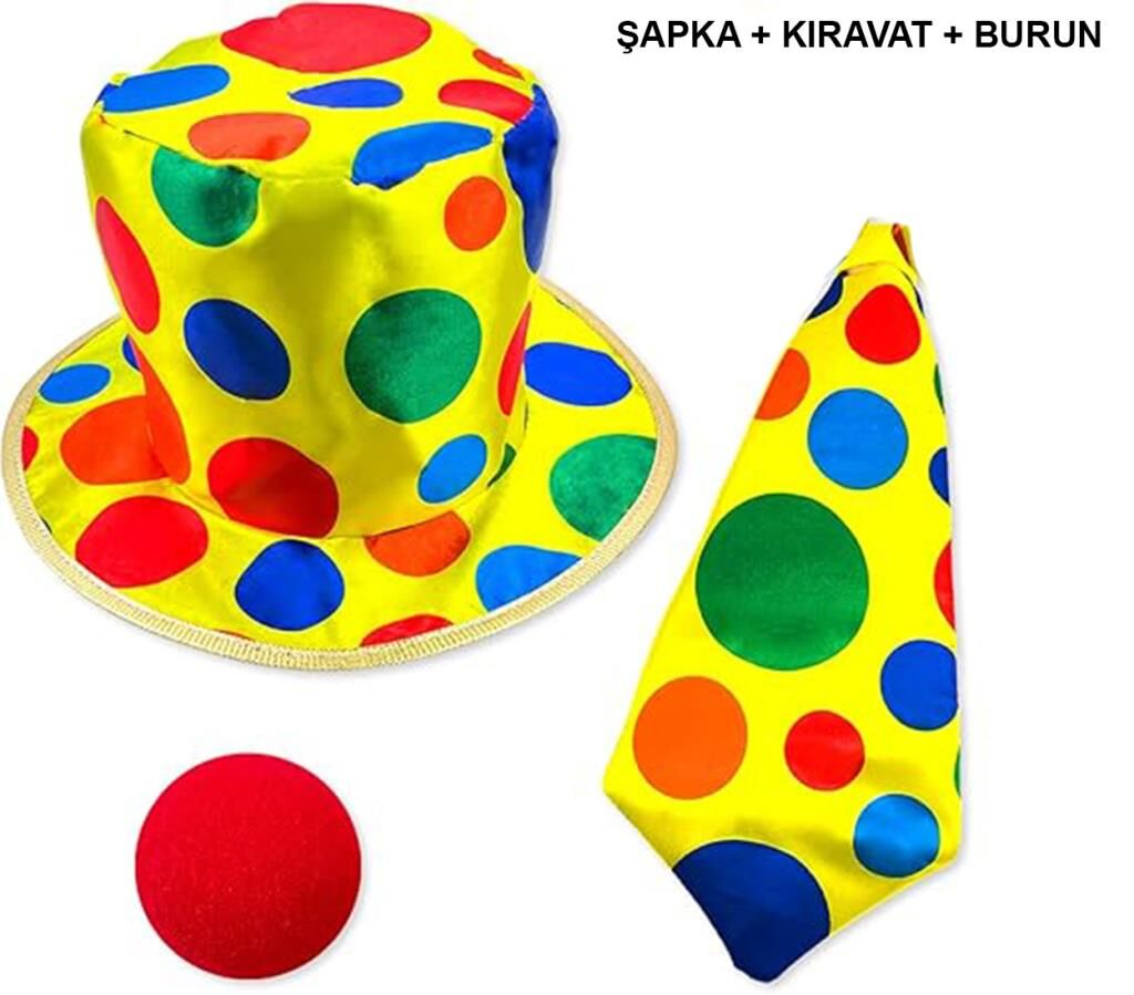 Nessiworld  Renkli Palyaço Kostüm Seti – 3 Parça Aksesuar (Şapka, Kravat, Burun)