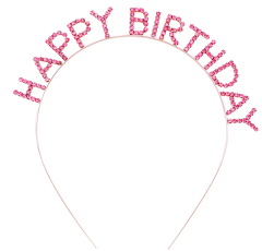 NessiWorld Pembe Renk Kristal Taşlı Gold Renk Kaplama Happy Birthday Taç 16x17 cm