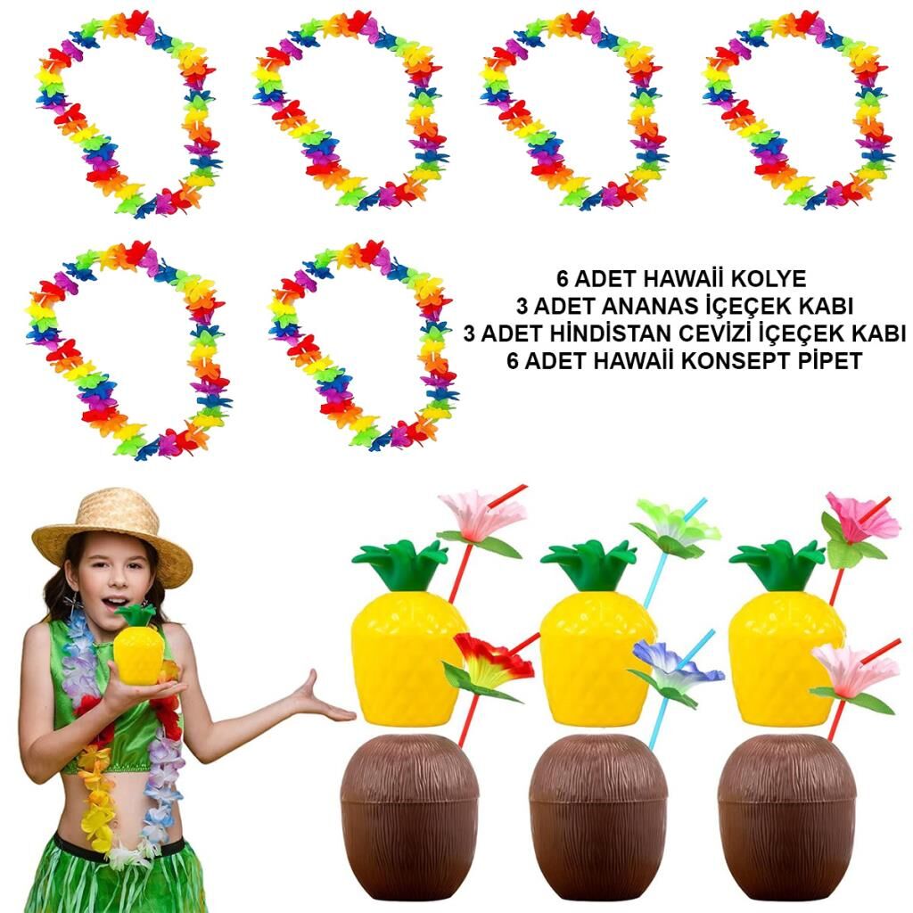 Nessiworld  Tropikal Hawaii Parti Malzemeleri – Kolye, Pipet, Bardak Seti