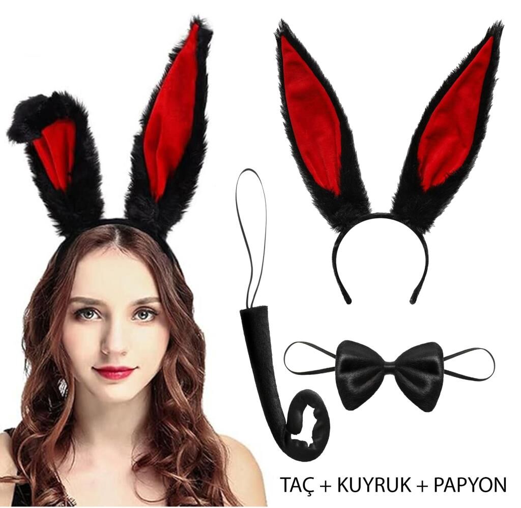 Nessiworld    Siyah Kırmızı Renk Peluş Tavşan Kulak Papyon Kuyruk Yetişkin Boy