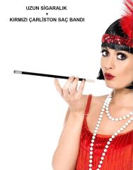Nessiworld  1920&#39;ler 1990&#39;lar Gatsby Kadın Aksesuar Seti – Kırmızı Charleston Saç Bandı ve Sigaralık