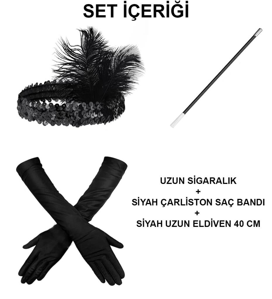 Nessiworld  1920&#39;ler Gatsby Aksesuar Seti – Siyah Charleston Saç Bandı, Uzun Eldiven & Sigaralık