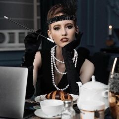 Nessiworld  1920&#39;ler Gatsby Aksesuar Seti – Siyah Charleston Saç Bandı, Uzun Eldiven & Sigaralık