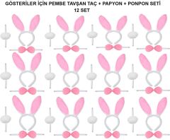 Nessiworld  Pembe Tavşan Kostüm Seti – Taç, Papyon, Ponpon (12’li Paket)