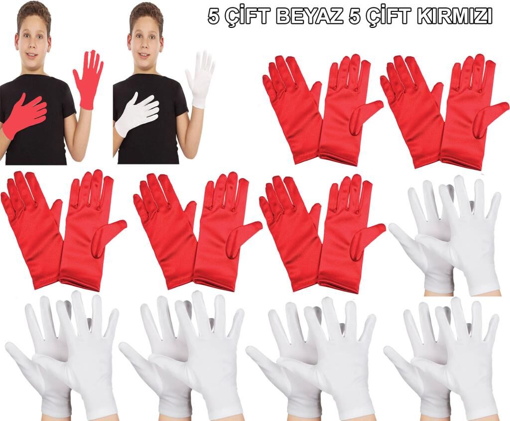 Nessiworld  Çocuk Gösteri Eldiven Seti – 5 Çift Beyaz & 5 Çift Kırmızı