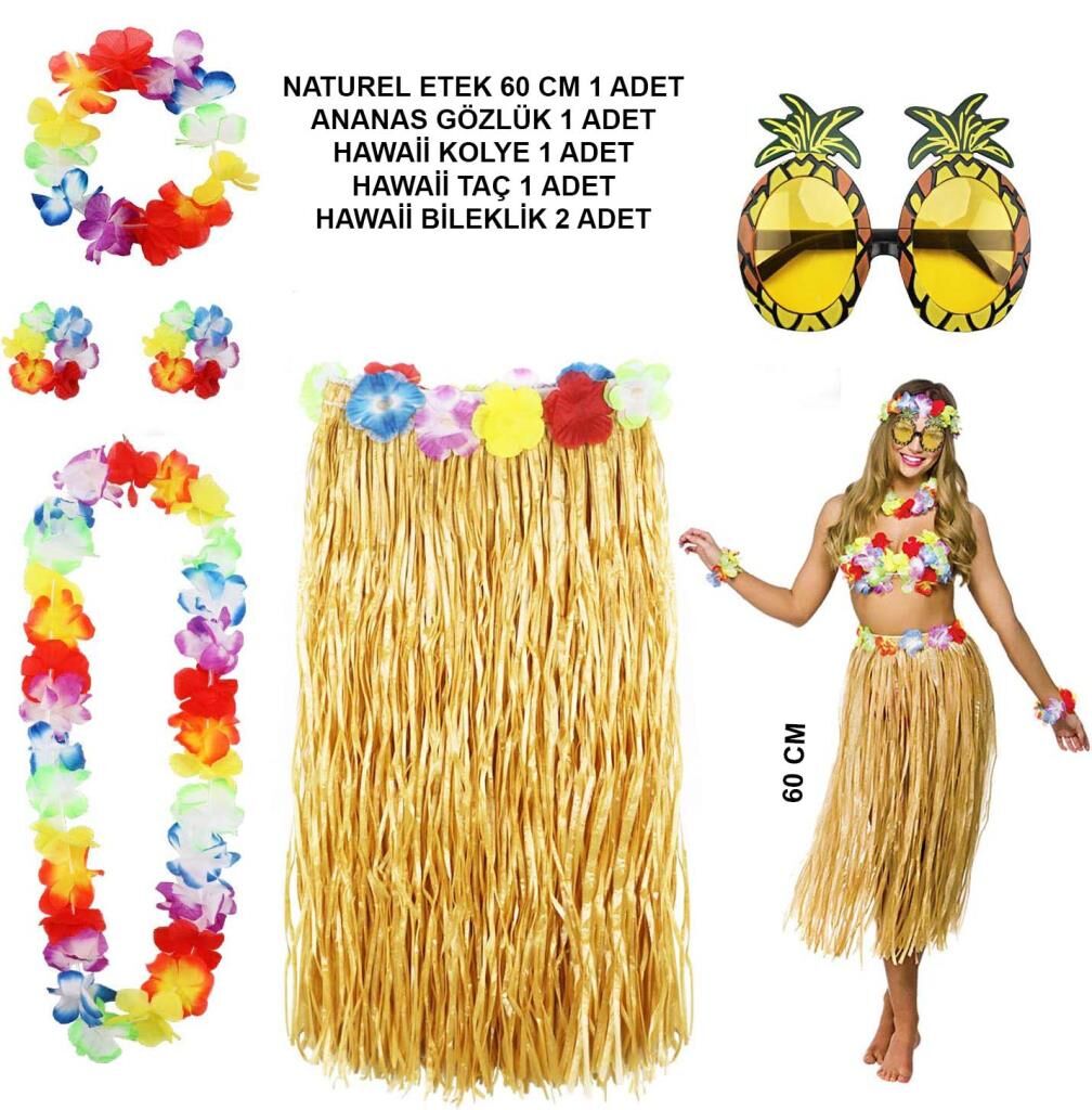 Nessiworld  Hawaii Parti Kostüm Seti - 60 cm Hasır Etek, Çiçekli Aksesuarlar ve Ananas Gözlük