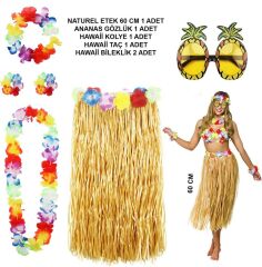 Nessiworld  Hawaii Parti Kostüm Seti - 60 cm Hasır Etek, Çiçekli Aksesuarlar ve Ananas Gözlük