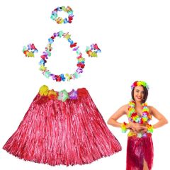 Nessiworld  Hawaii Dans Kostümü – Kırmızı Hula Etek & Çiçek Kolye Seti