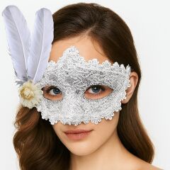 Nessiworld  Beyaz Renk Tüylü Dantelli Gözleri Taşlı Balo Parti Maskesi