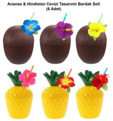 Nessiworld  Ananas & Hindistan Cevizi Tasarımlı Pipetli Bardak Seti (6 Adet)