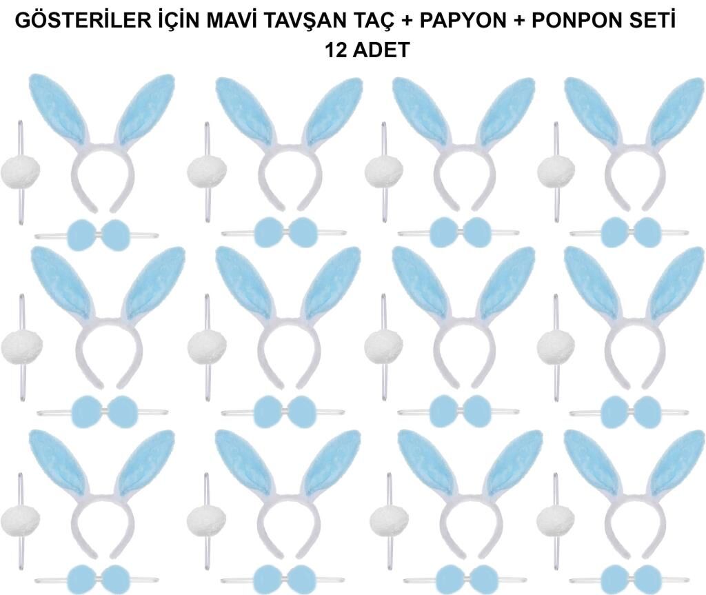Nessiworld  Mavi Tavşan Kostüm Seti – Taç, Papyon, Ponpon (12’li Paket)