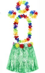 NessiWorld Yetişkin ve Çocuk Uyumlu Luau Aloha Hawaii Yeşil Etek ve Renkli Kolye Taç 2 Adet Bileklik Seti