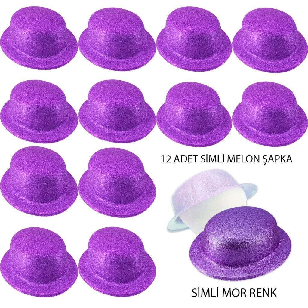 Nessiworld  Mor Renk Simli Melon Yuvarlak Parti Şapkası 12 Adet