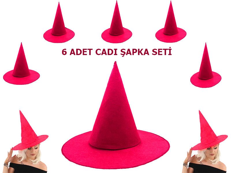 Nessiworld   Pembe Fuşya Renk Keçe Cadı Şapkası Yetişkin Çocuk Uyumlu 6 Adet