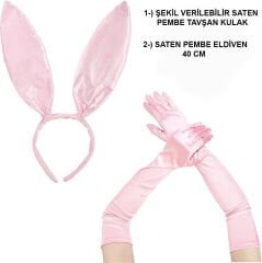 Nessiworld  Saten Kaplama Soft Pembe Eldiven 40 cm ve Tavşan Kulak 2 li Set