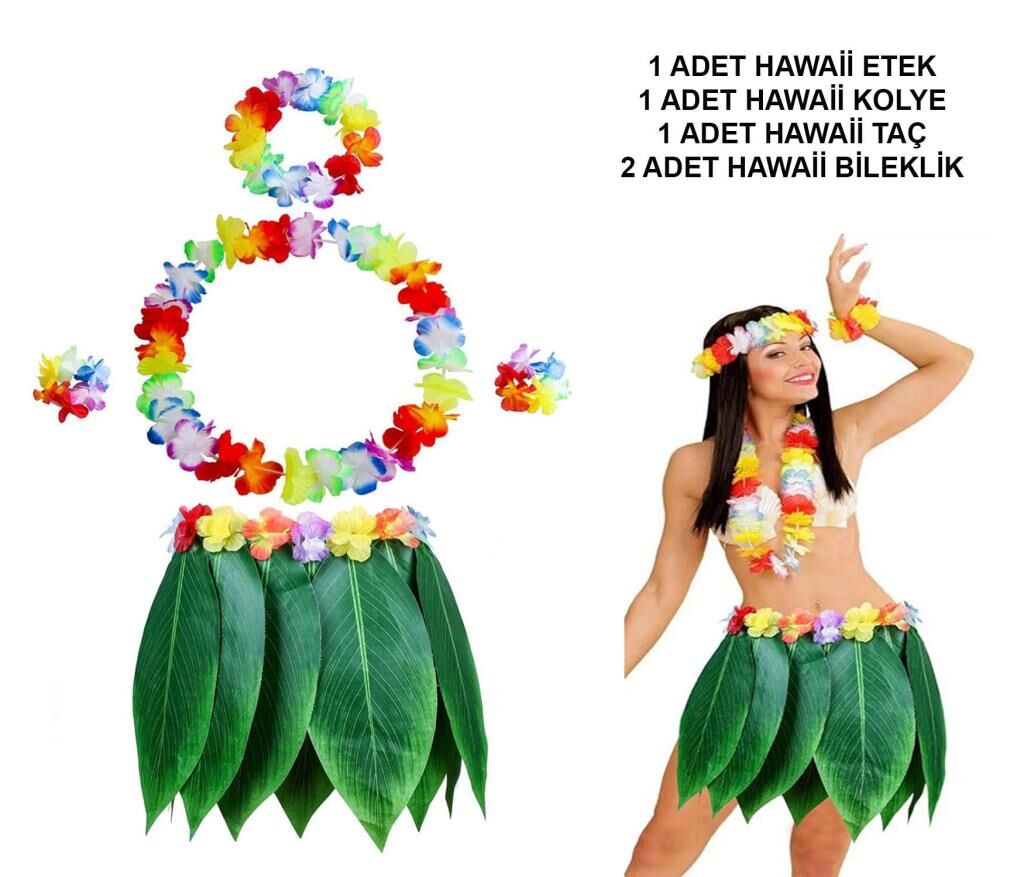Nessiworld  Yetişkin Hawaii Kostüm Seti - Yaprak Etek & Hawaii Set - 5 Parça