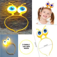Nessiworld  Led Işıklı & Pilli 3 Farklı Modda Yanan Uzaylı Göz Parti Tacı Sarı Renk 18x12 cm