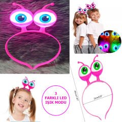 Nessiworld  Led Işıklı & Pilli 3 Farklı Modda Yanan Uzaylı Göz Parti Tacı Pembe Renk 18x12 cm