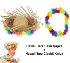 Nessiworld  Hawaii Tarzı Tropikal Çiçekli Hasır Şapka ve Çiçekli Hawaii Kolye