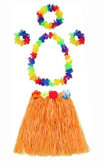 Nessiworld  Yetişkin ve Çocuk Uyumlu Luau Aloha Hawaii Turuncu Etek ve Renkli Kolye Taç 2 Adet Bileklik Seti