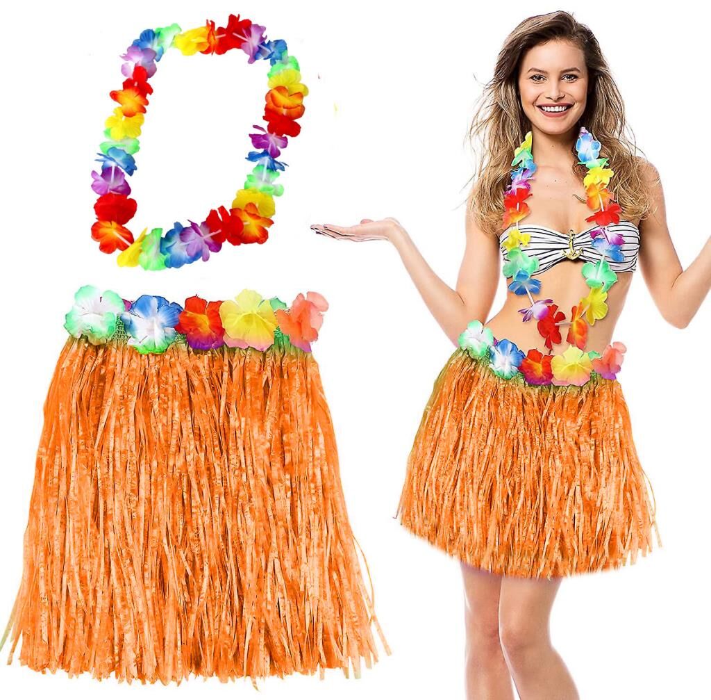 Nessiworld  Hawaii Luau Aloha Turuncu Püsküllü 40 cm Etek ve Hawaii Kolye Seti