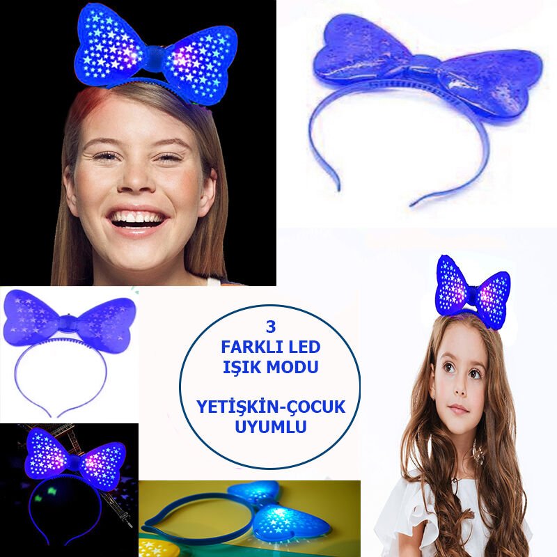 Nessiworld  Led Işıklı & Pilli 3 Farklı Modda Yanan Yıldızlı Fiyonk Parti Tacı Mavi Renk 19x15 cm