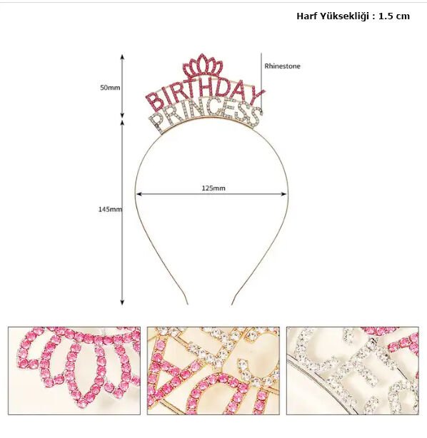 Nessiworld  Kristal Taşlı Pembe Birthday Princess Yazılı Parti Tacı 19x11 cm