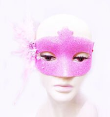 NessiWorld Sim İşlemeli İnci Boncuk Detaylı Tüylü Balo Maskesi Pembe Renk 13x18 cm