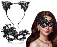 Nessiworld Siyah Renk Dantel Maske ve Dantel Taç Seti Yetişkin Boy No 1