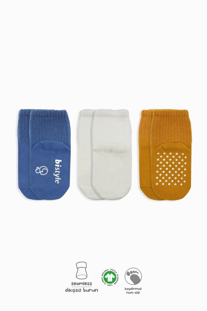 Nessiworld Bistyle Basic Kaymaz Penye Soket Çorap 3'Lü BS10106 İndigo Ekru Hardal