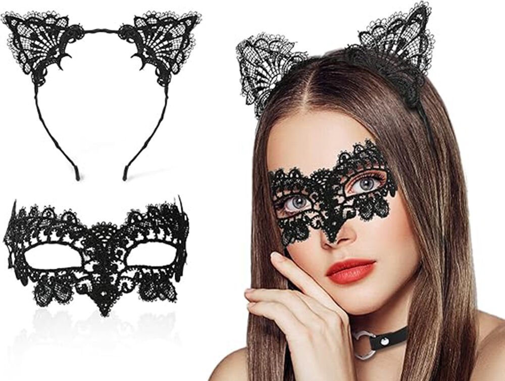 Nessiworld Siyah Renk Dantel Maske ve Dantel Kulak Taç Seti Yetişkin No 10
