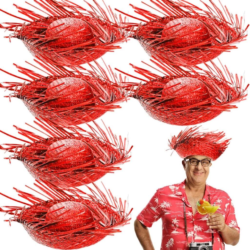 Nessiworld  Tropikal Parti Kırmızı Hasır Hawaii Şapkası 13x36 cm
