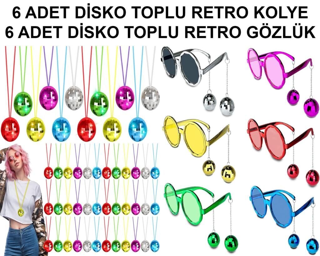Nessiworld  12 Parça Renkli Disko Toplu Retro Parti Seti – 6 Kolye + 6 Gözlük