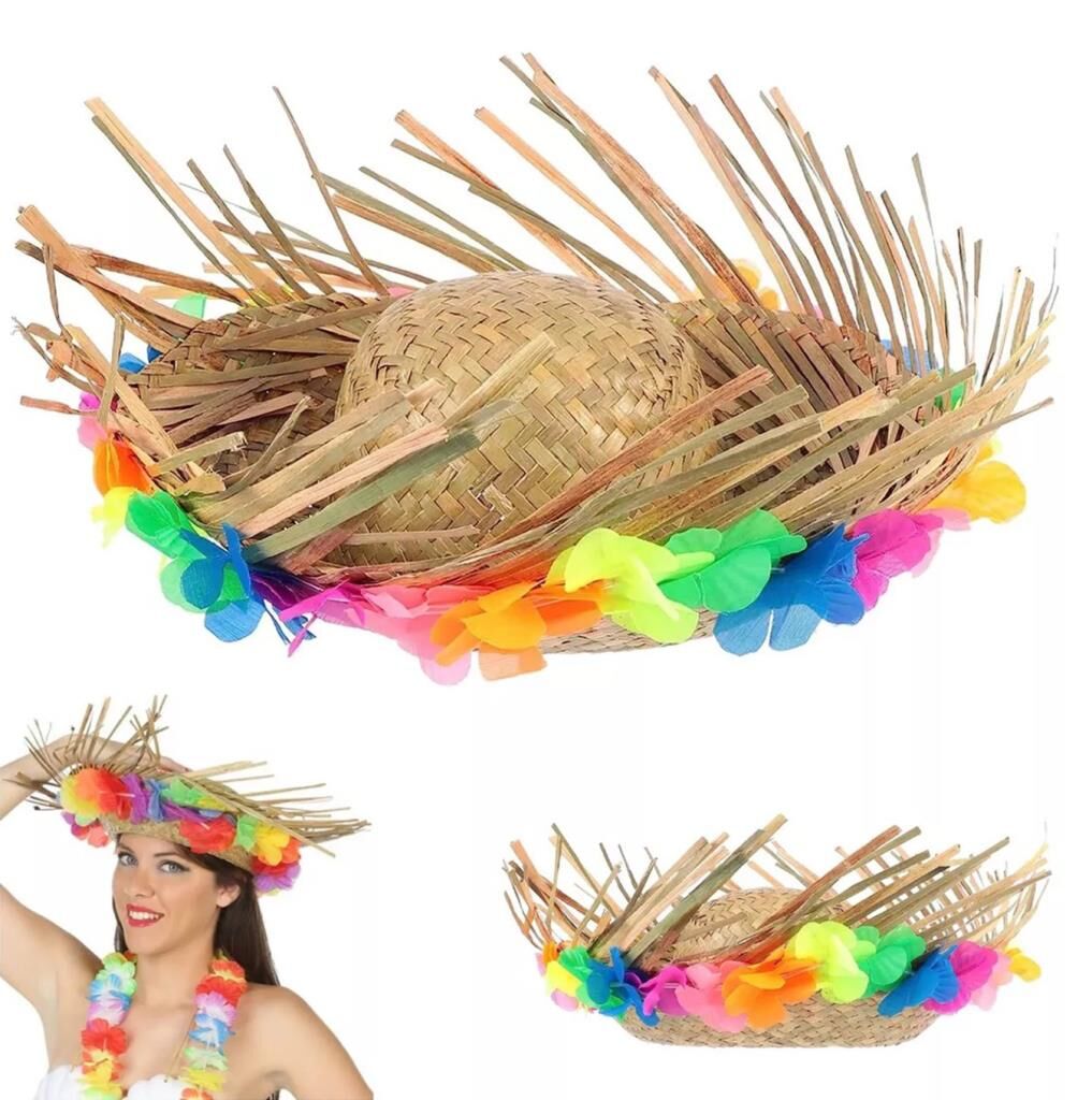 Nessiworld  Naturel Renk Püsküllü Örme Hasır Hawaii Luau Aloha Şapka 13x36 cm