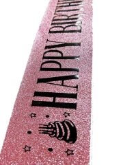 NessiWorld Pembe Üzeri Siyah Büyük Happy Birthday Yazılı Simli Işıltılı Kuşak Kemer 10 cm Genişlik