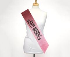 NessiWorld Pembe Üzeri Siyah Büyük Happy Birthday Yazılı Simli Işıltılı Kuşak Kemer 10 cm Genişlik