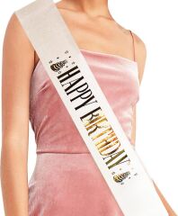 Nessiworld   Beyaz Üzeri Altın Büyük Happy Birthday Yazılı Simli Işıltılı Kuşak Kemer 10 cm Genişlik