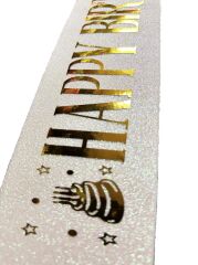 Nessiworld   Beyaz Üzeri Altın Büyük Happy Birthday Yazılı Simli Işıltılı Kuşak Kemer 10 cm Genişlik