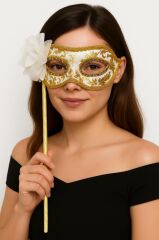 Nessiworld  Lüks Taşlı Saplı Maskeli Balo Maskesi Beyaz Renk 35 cm