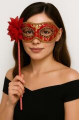 Nessiworld  Lüks Taşlı Saplı Maskeli Balo Maskesi Kırmızı Renk 35 cm