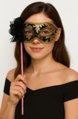 Nessiworld  Lüks Taşlı Saplı Maskeli Balo Maskesi Siyah Renk 35 cm