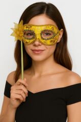 Nessiworld  Lüks Taşlı Saplı Maskeli Balo Maskesi Altın Renk 35 cm