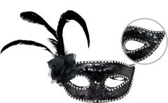 Nessiworld   Siyah Renk Yandan Tüylü Güllü Gümüş Taşlı Pullu Maske 20x22 cm